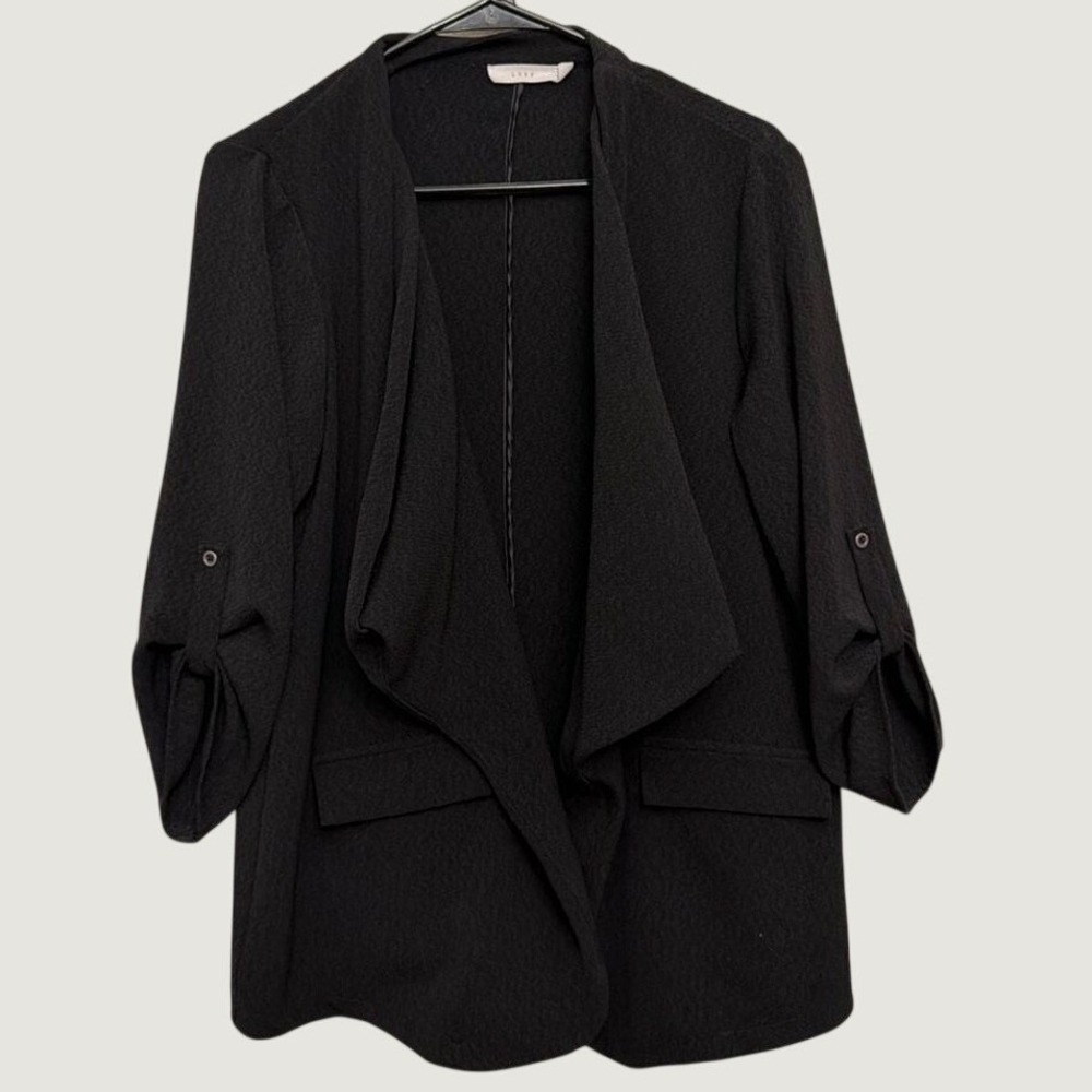 Lush Black Waterfall Draped Open Front Blazer Roll Tab Sleeve Jacket Womens M